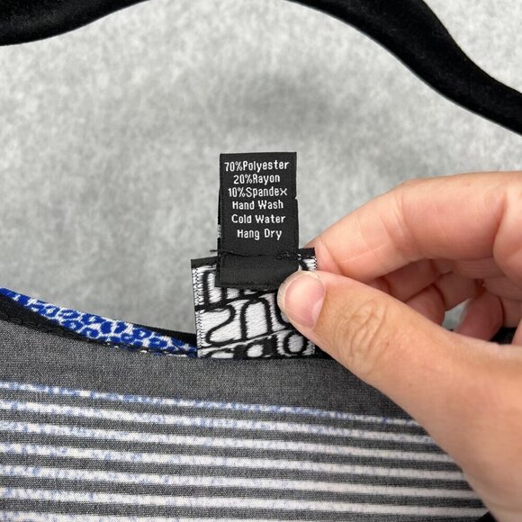 Clara Sun Woo Tunic Top Size S Blue Black Stripe Stretch Asymmetrical Hem Artsy - Picture 6 of 11